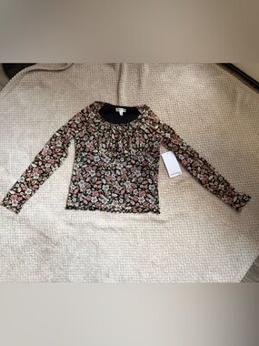 Eyeshadow Black Floral Long-Sleeve Top with Pink and Green Flowers